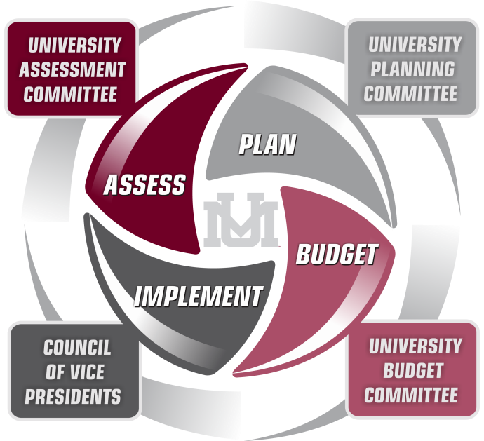 A cycle, with arrows connecting each step. Planning links to budget, which links to implementation, which links to assessment, which links to planning.